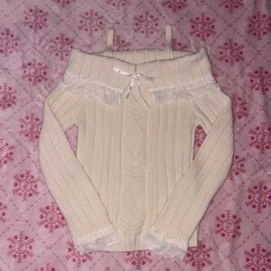 Lolita Cream Off-Shoulder Sweater with Lace Trim